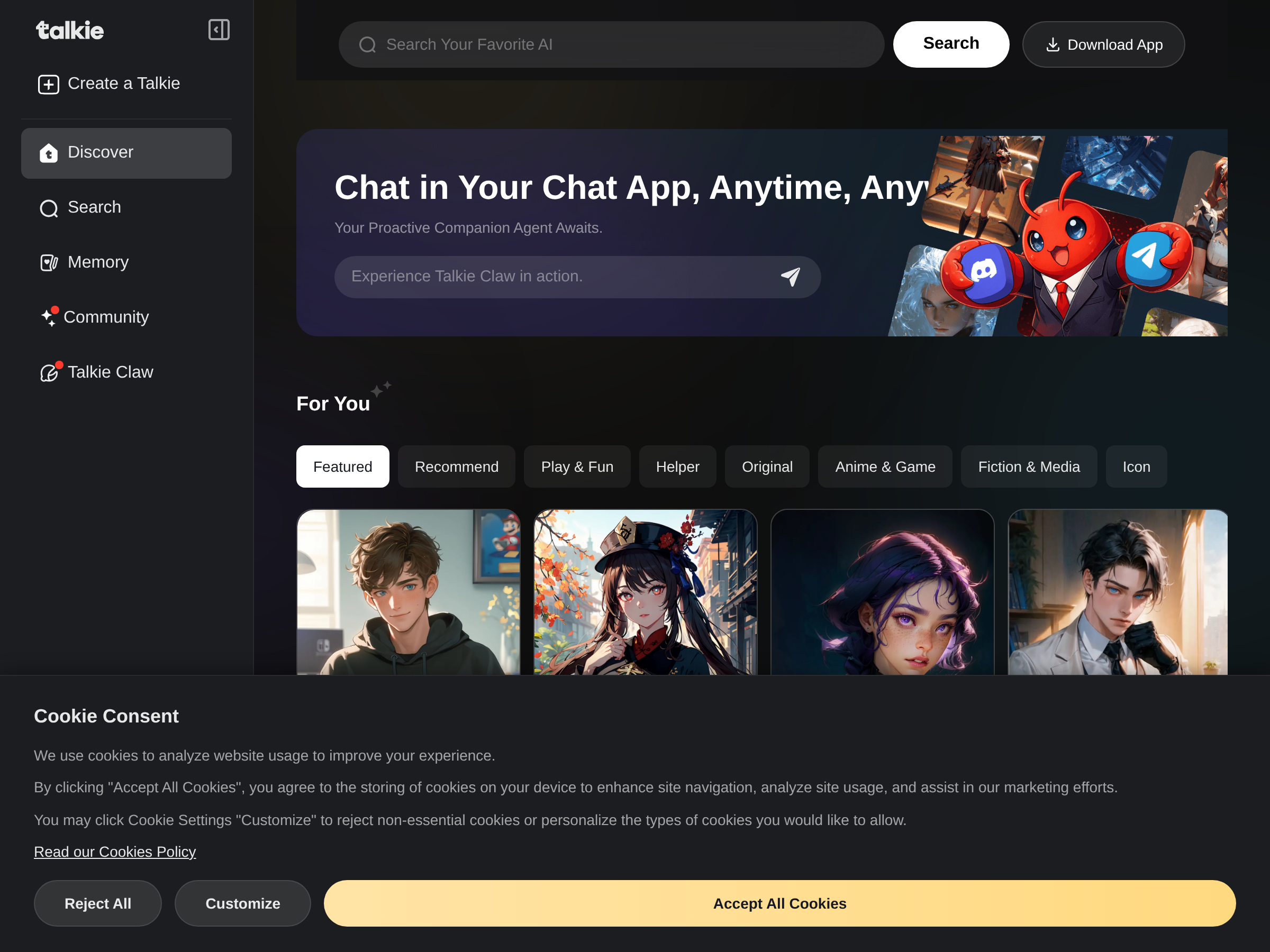 Screenshot of Talkie website