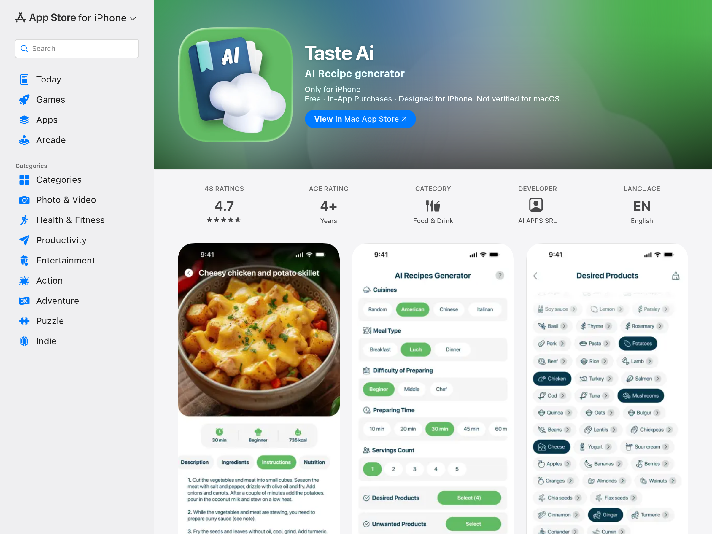 Screenshot of Taste Ai website