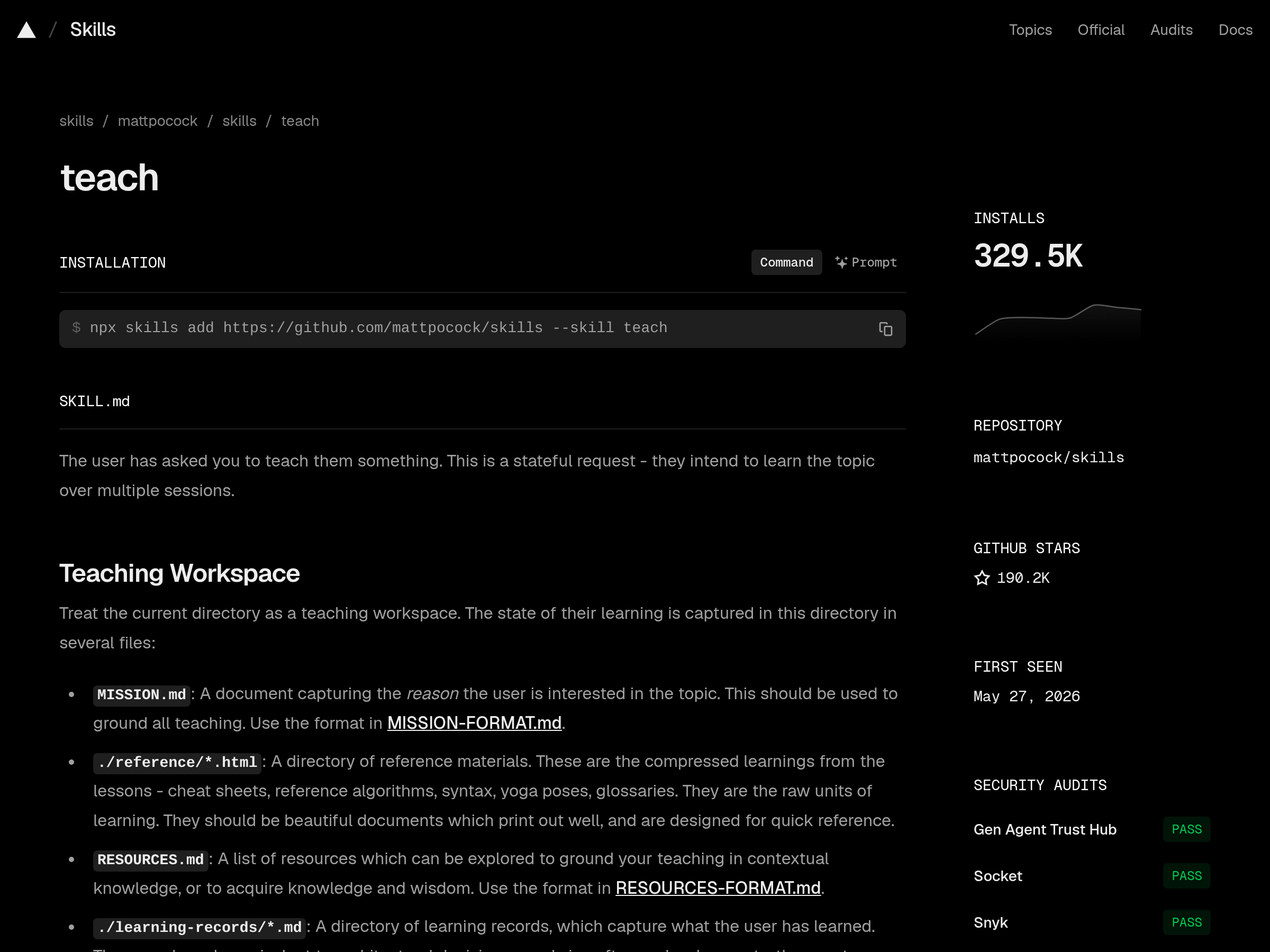 Screenshot of The /teach Skill website