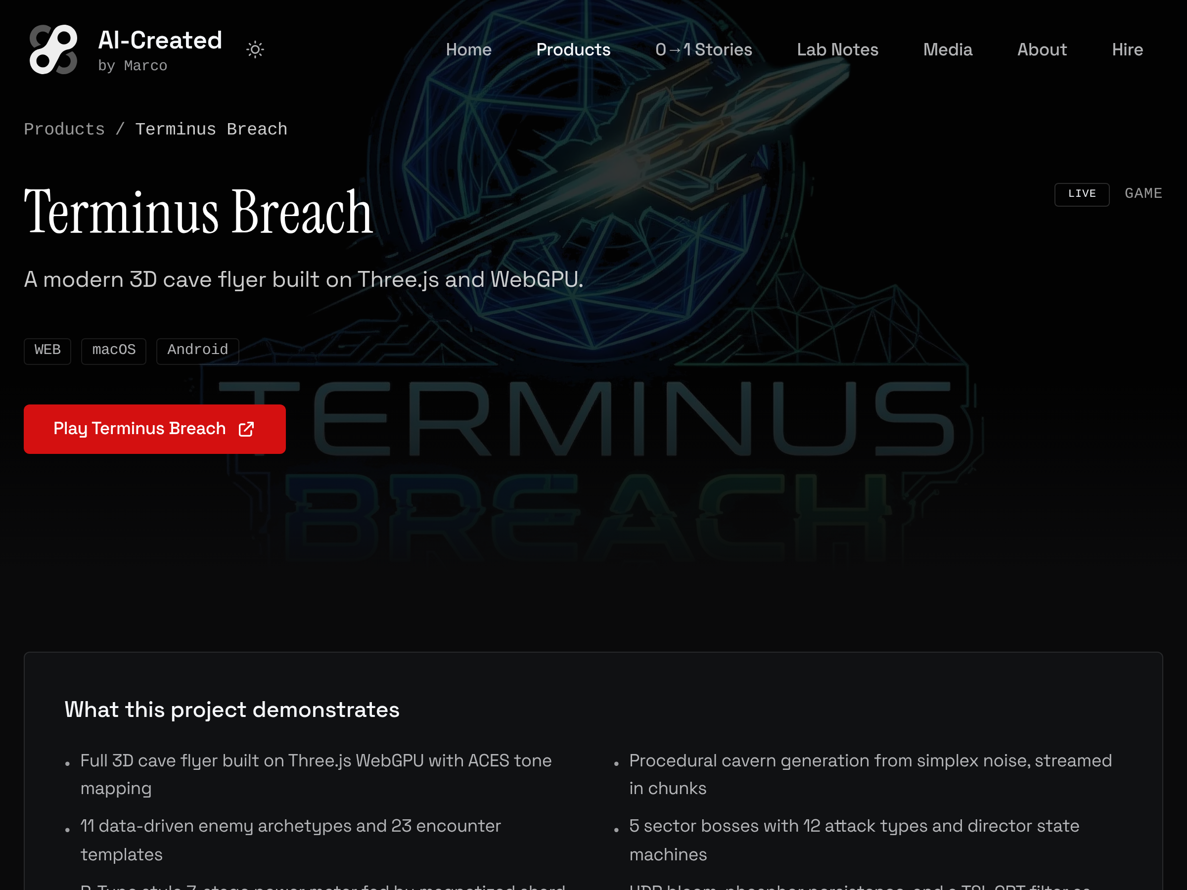 Screenshot of Terminus Breach website