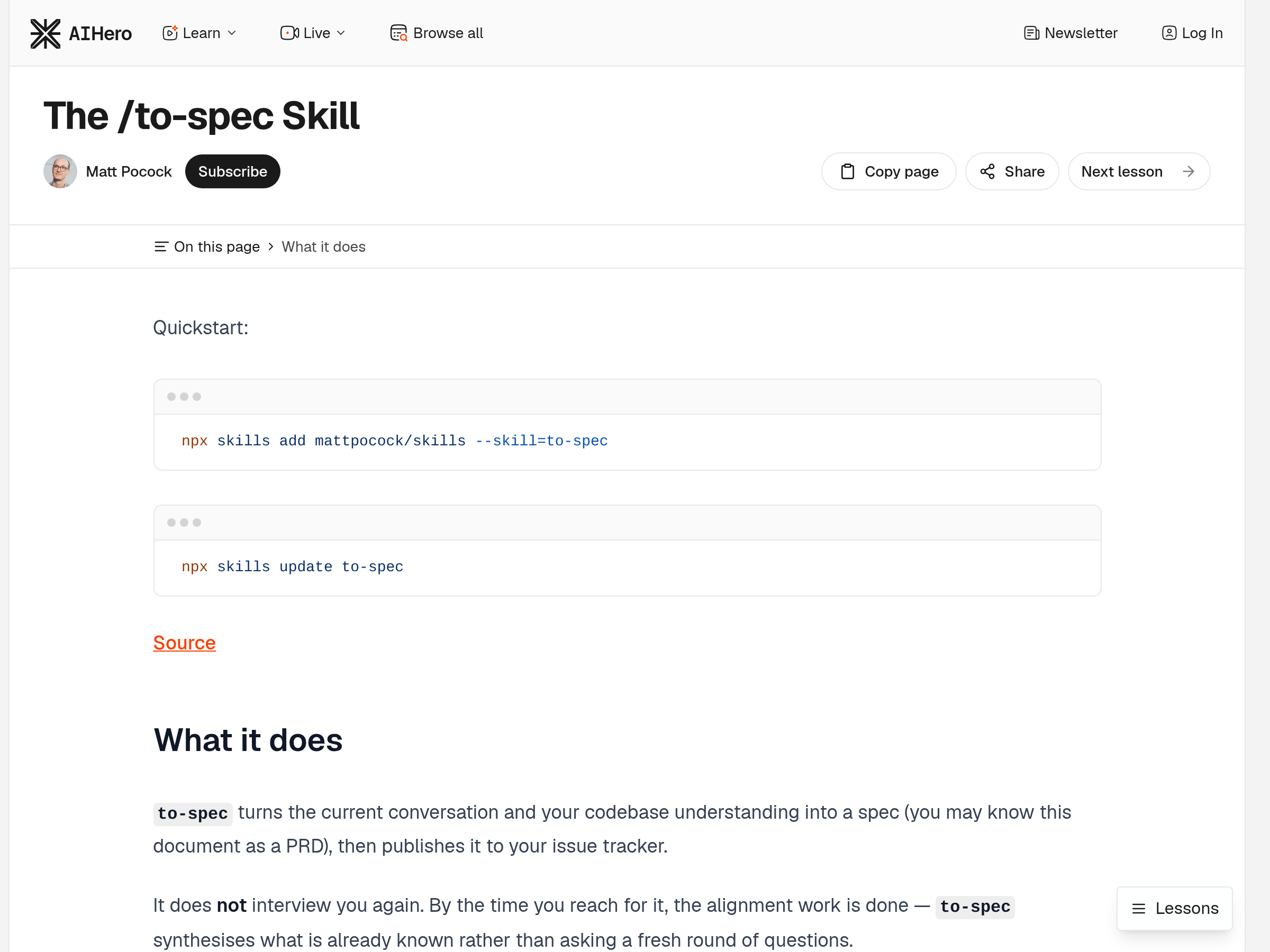 Screenshot of /to-spec website