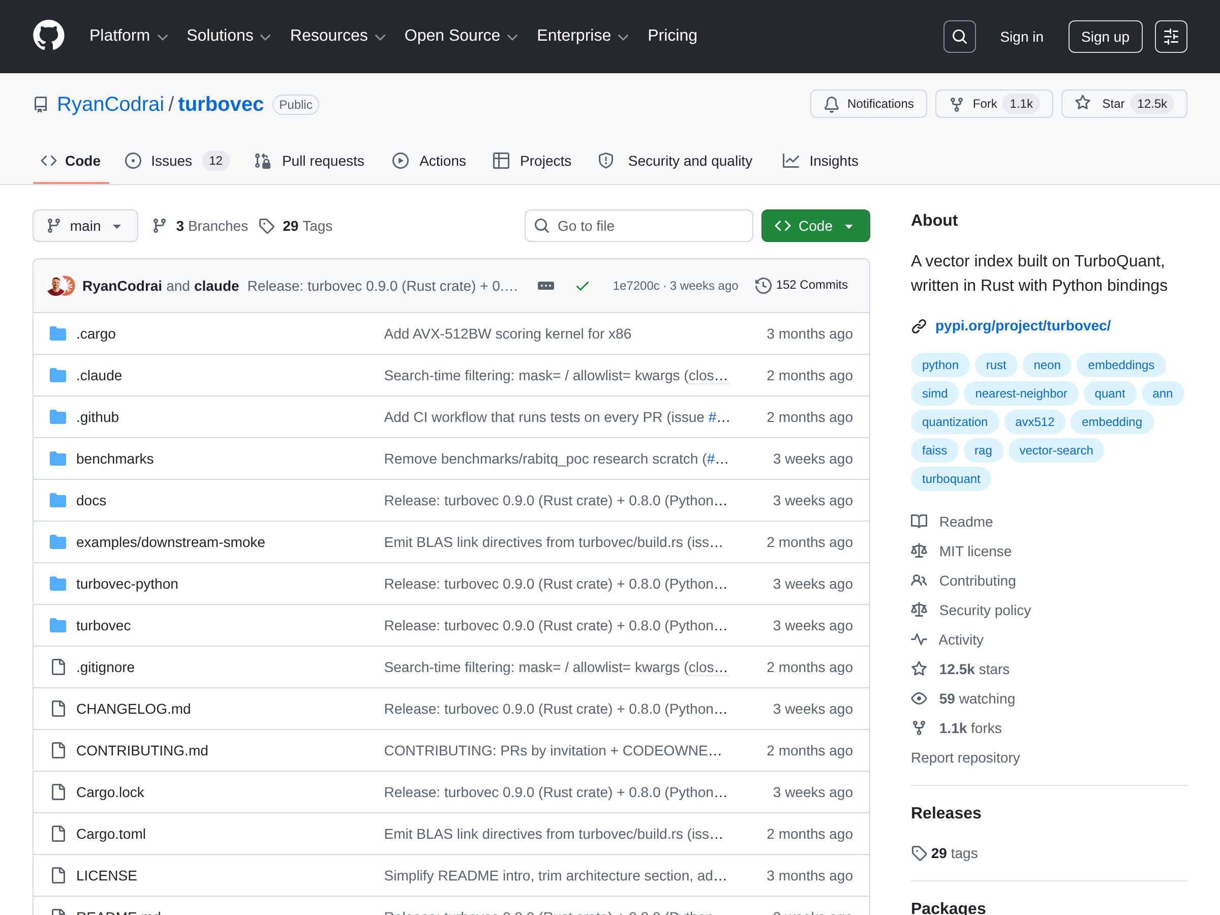 Screenshot of TurboVec website