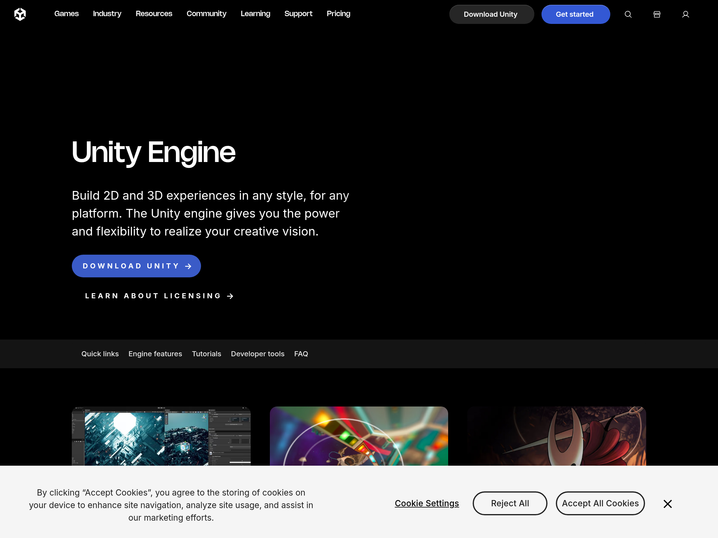 Screenshot of Unity Engine website