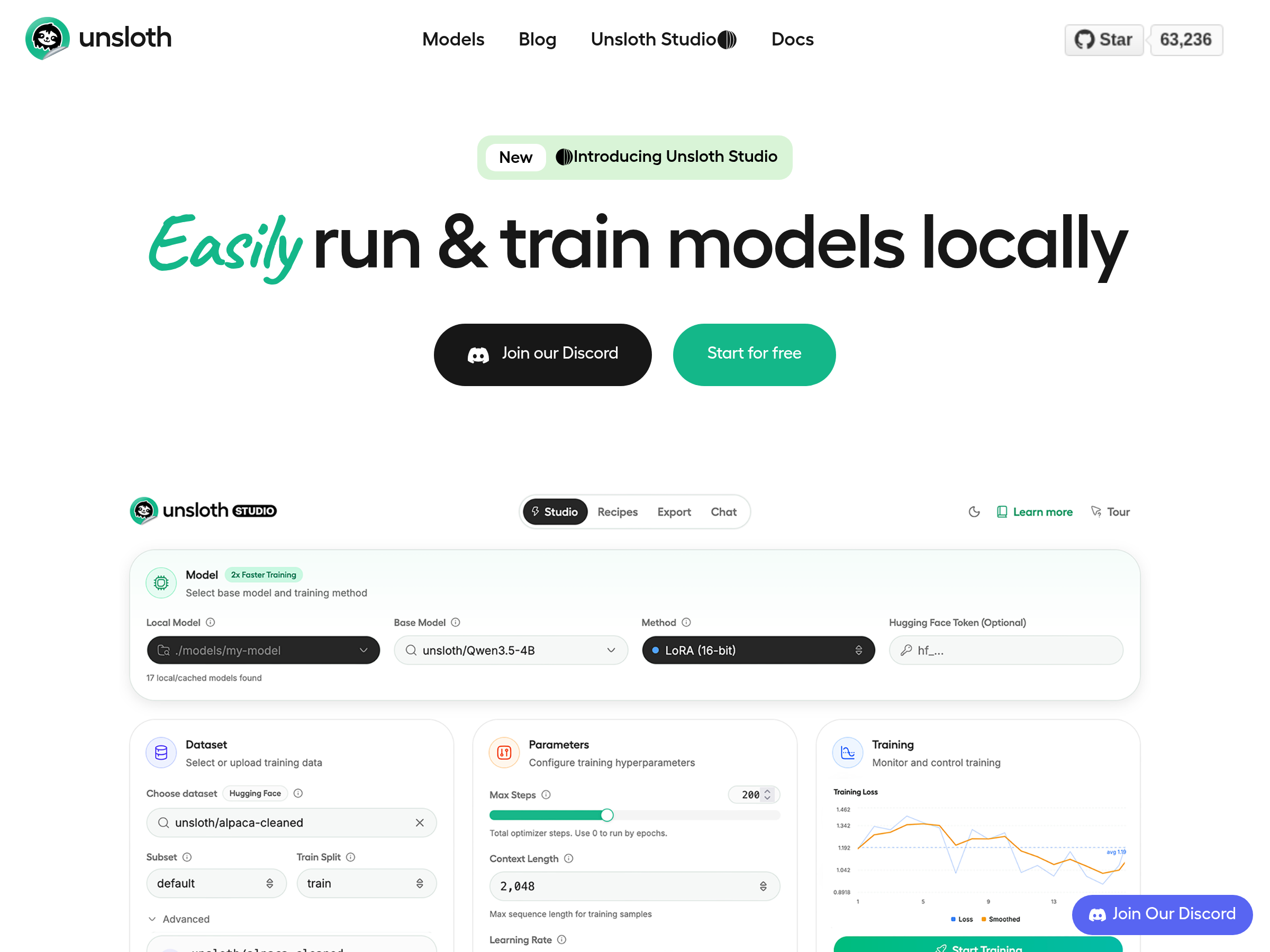 Screenshot of Unsloth website