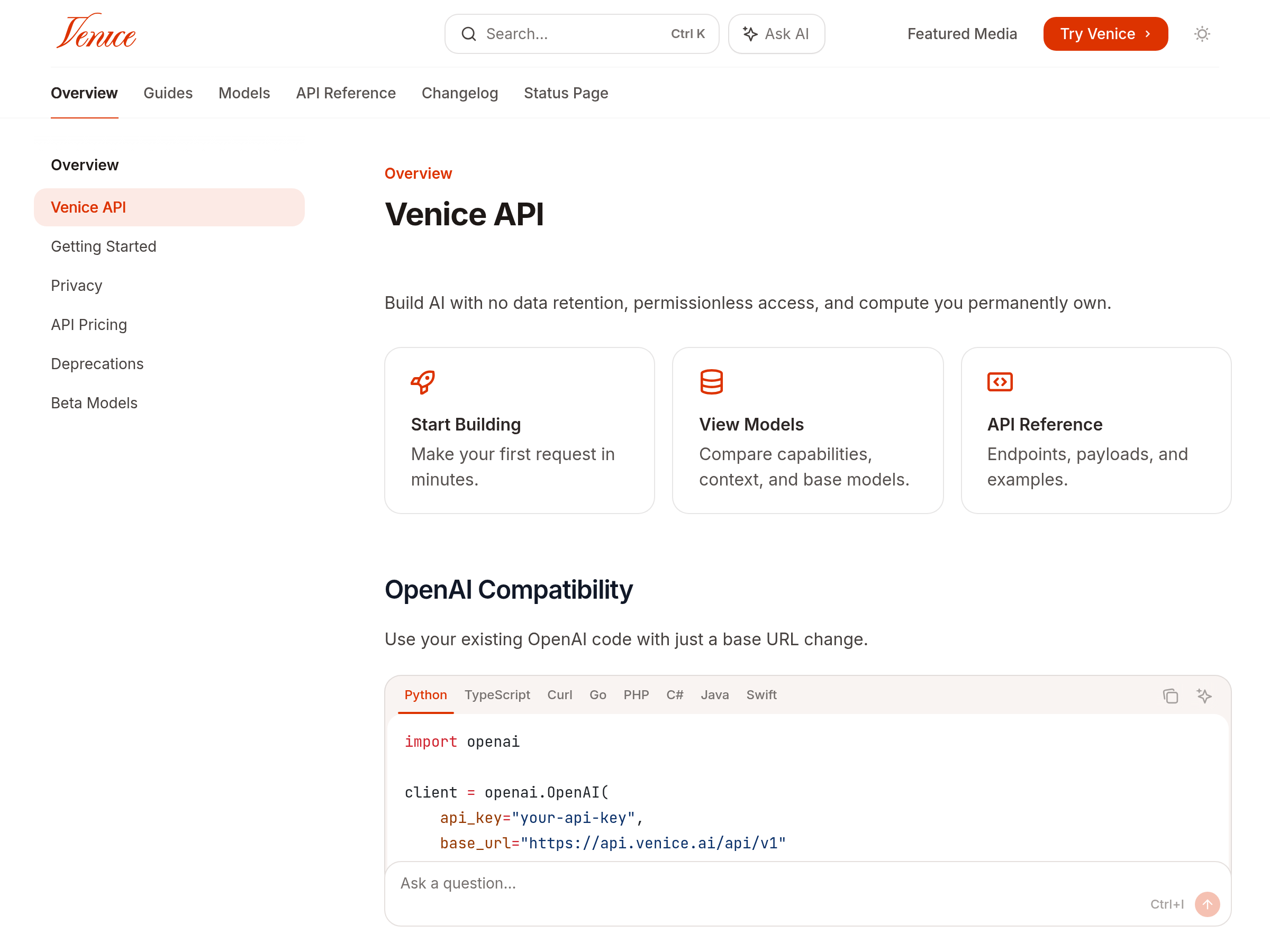 Screenshot of Venice API website