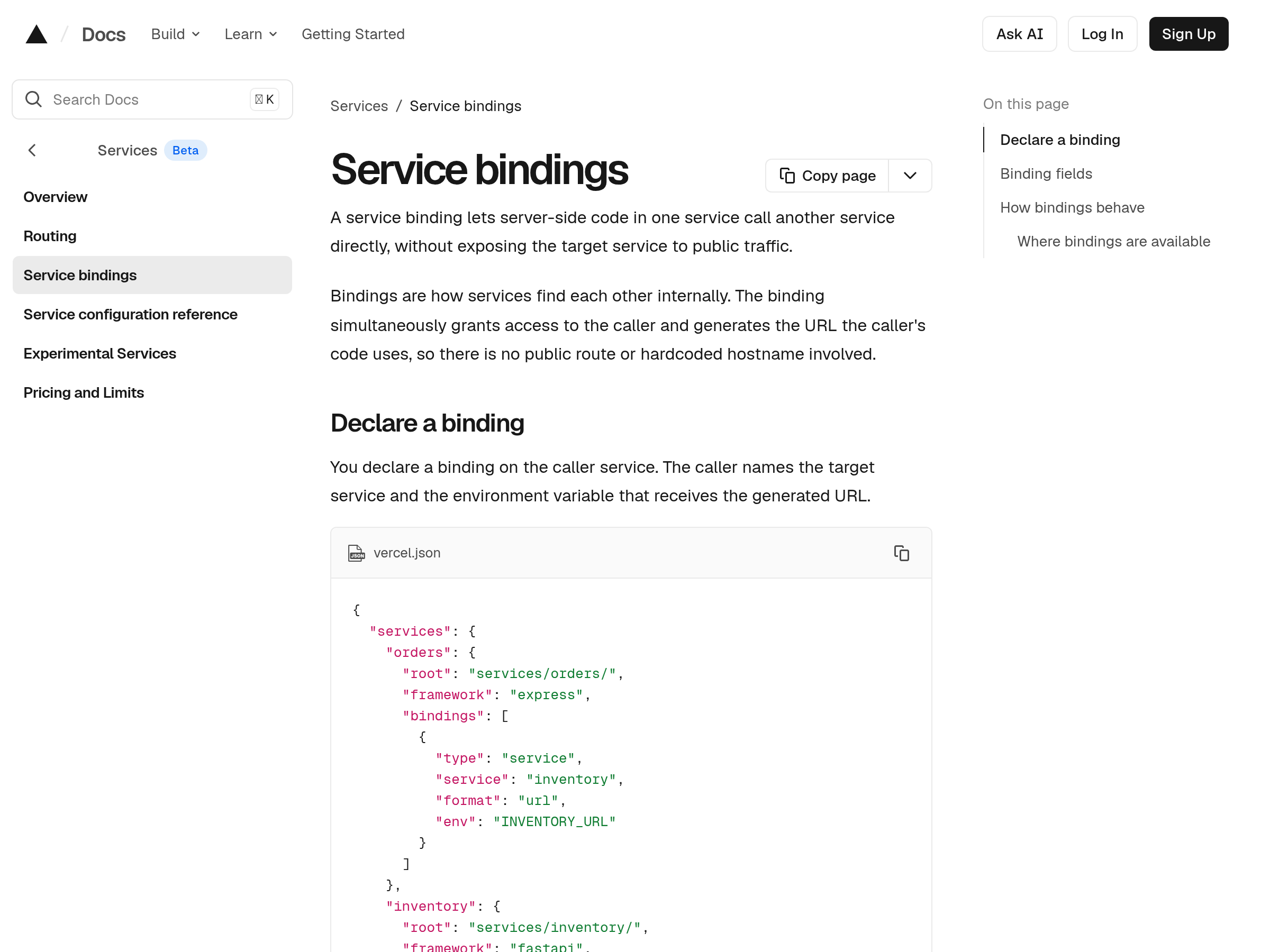 Screenshot of Vercel Service Bindings website
