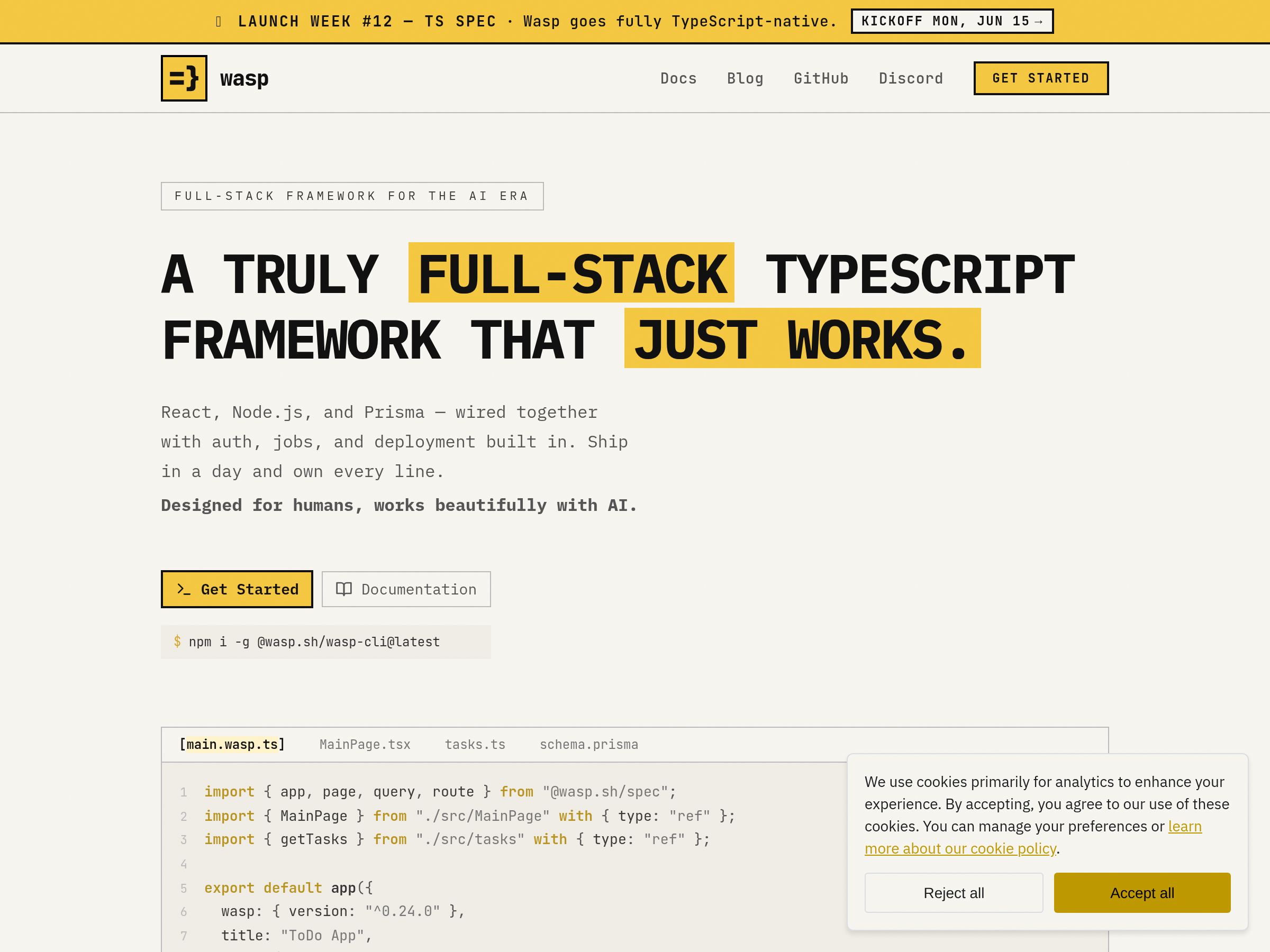 Screenshot of Wasp website