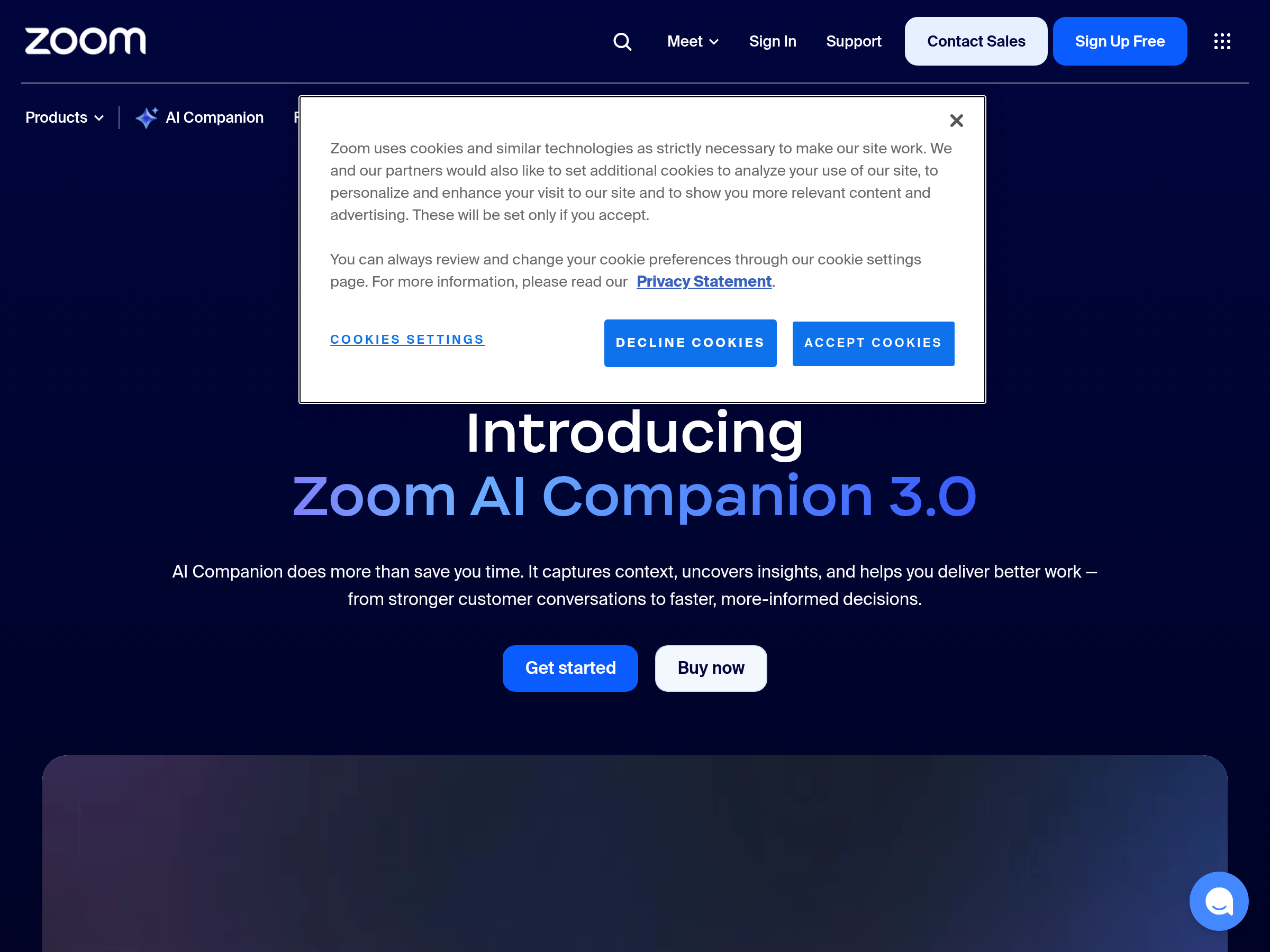 Screenshot of Zoom AI Companion website