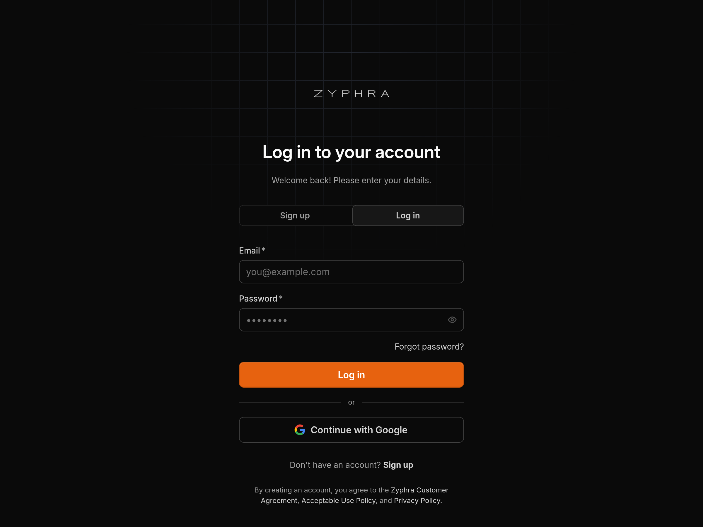 Screenshot of Zyphra Cloud website
